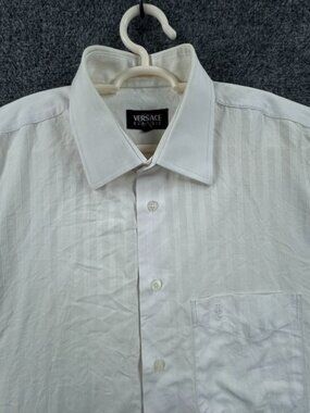Versace Classic Short Sleeve Large Striped Cotton Point White Button Up Shirt